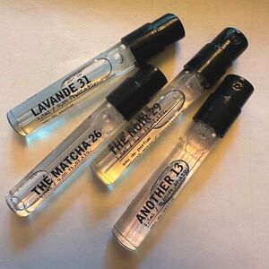 Le Labo 1.5ml, 0.5 oz each. Lavande 31, The Noir 29, Another 13, The Matcha 26.